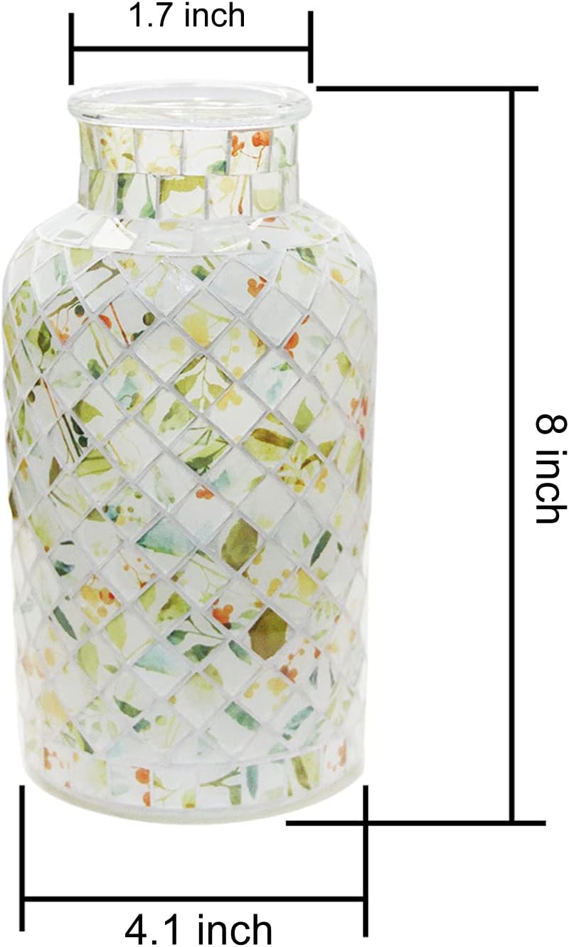 Classic Mosaic Flower Vase for Home Decor, 8”(H) Glass Handmade Table Centerpiece Container for Office, Living Room Kitchen, Wedding. (Green Day)