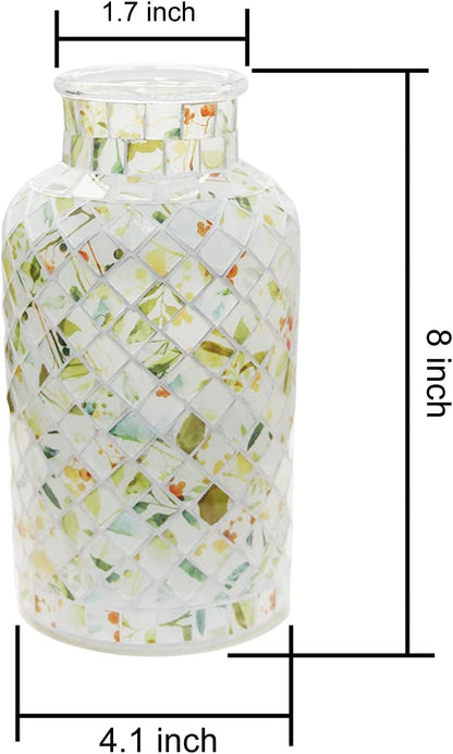 Classic Mosaic Flower Vase for Home Decor, 8”(H) Glass Handmade Table Centerpiece Container for Office, Living Room Kitchen, Wedding. (Green Day)