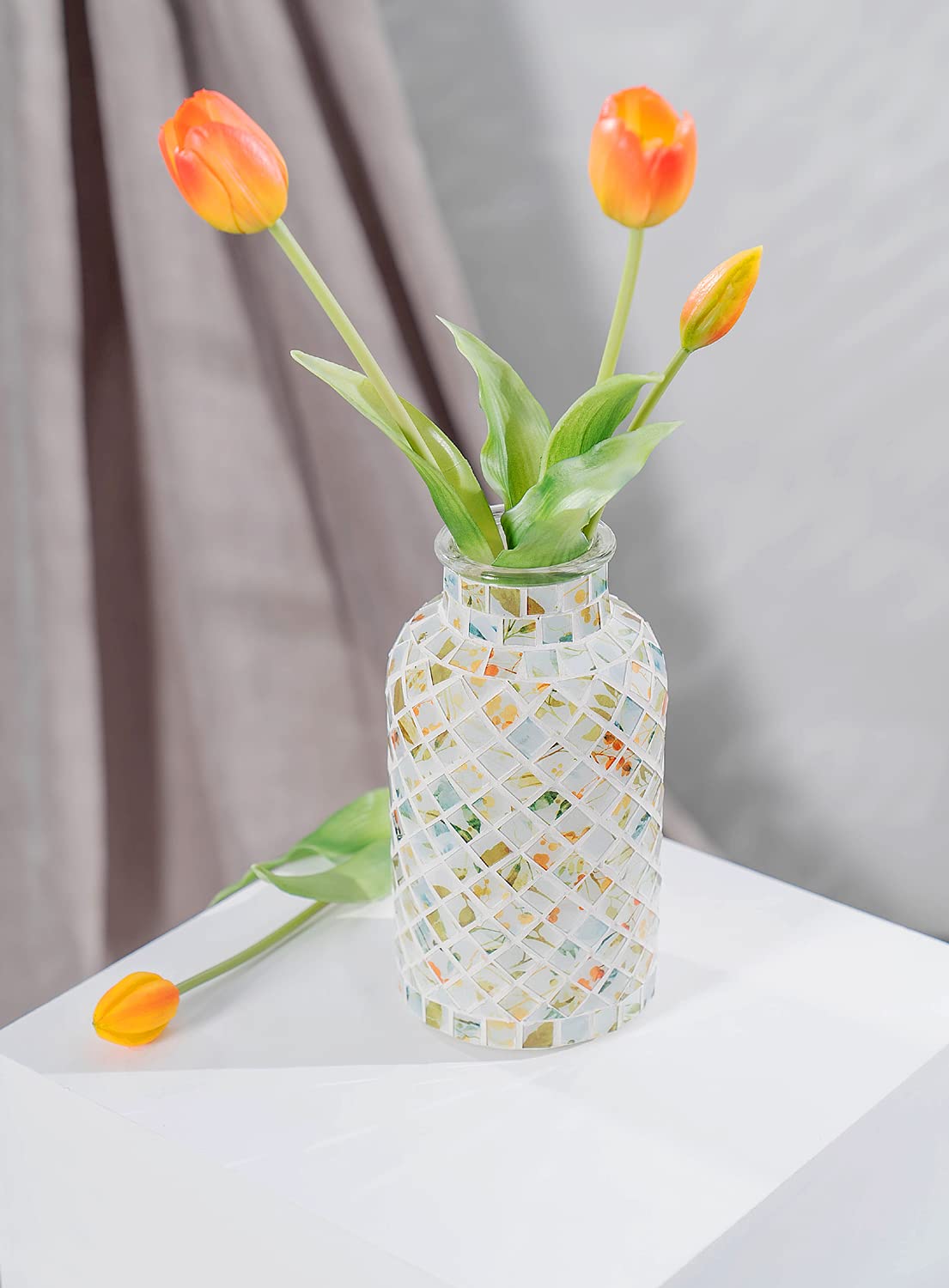 Classic Mosaic Flower Vase for Home Decor, 8”(H) Glass Handmade Table Centerpiece Container for Office, Living Room Kitchen, Wedding. (Green Day)